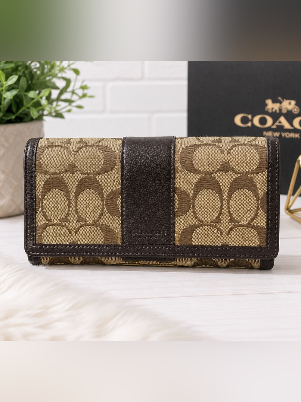 Coach F76580 Signature Canvas Long Wallet Brown Black Snap